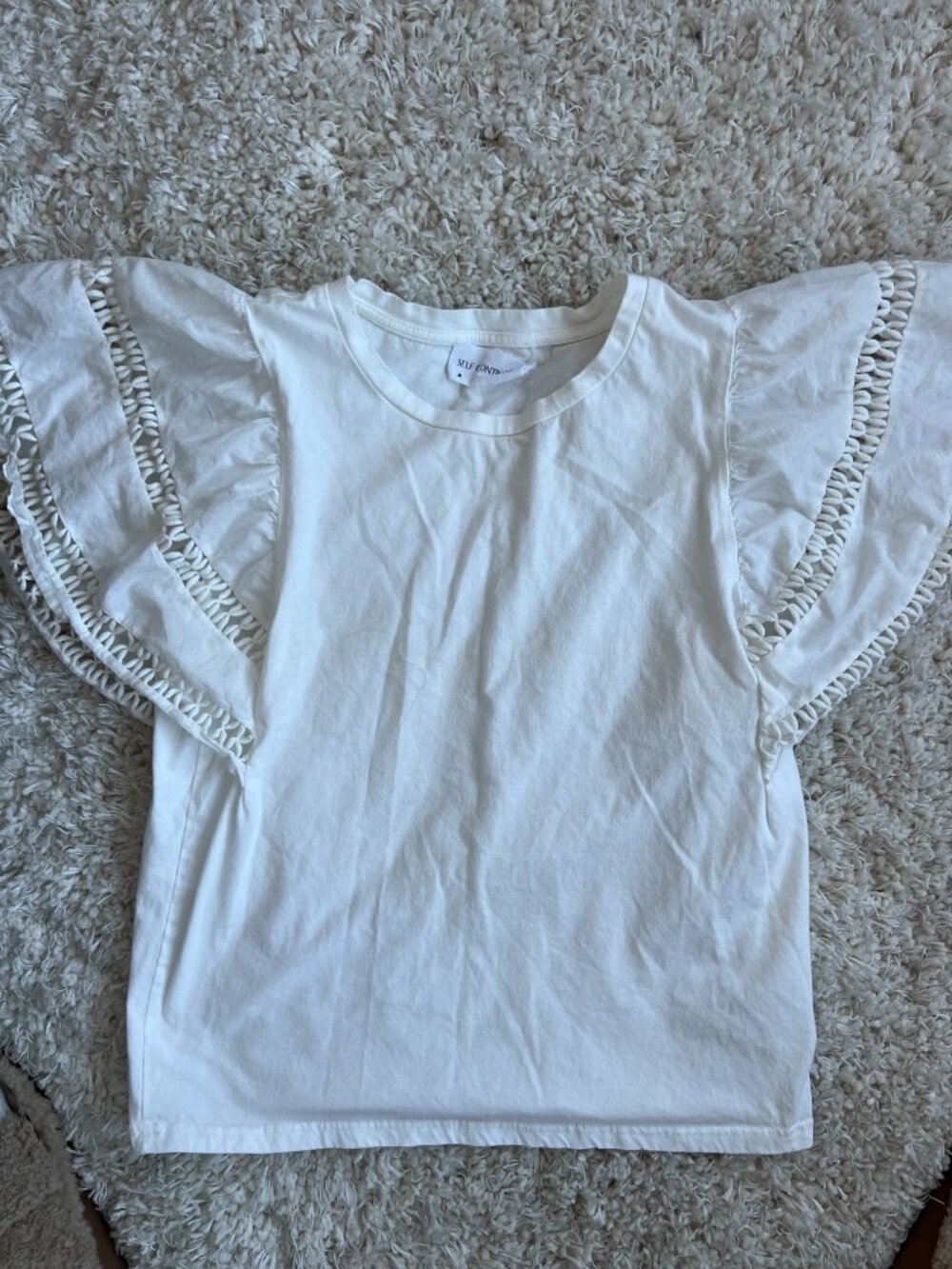 Self Contrast Flutter-Sleeve Cutwork Top Size M White